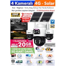 20mp 4 Kameralı 3 Otomatik 4g Güneş Enerjili Solar Güvenlik Kamerası 240gb İnternet 128gb Sd Kart