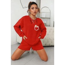 Benroma 3 İplik Penye Papatya Baskılı Unisex Sweatshırt Kırmızı