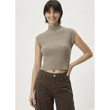 Neden Tekstil Kadın Yarım Balıkçı Yaka Fitilli Triko Kolsuz Crop Bluz - Bej