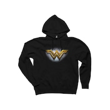 Wonder Woman Gold Logo Siyah Kapşonlu Sweat Siyah