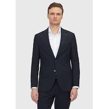 Ramsey Koyu Lacivert Desenli Zeroweight Slim Fit %100 Yün Takım Elbise