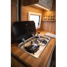 Ocaklı Evye - Musluklu Cam Kapaklı Kombine Ocak Ve Evye Karavan Tekne Tiny House Açık Gri