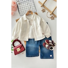 Miniğimin Cicileri Elegance Gül Nakışlı Ceketli Denim Pantolonlu Kız Çocuk 3 Lü Kombin - Ekru