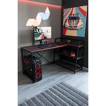 Siyah Raflı Çift Yöne Uygun Oyuncu Masası, Bilgisayar Masası, Gamer Masası, Gaming Masa, L Masa - Sks-l Siyah - Kırmızı
