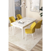Canisa Arp Serisi 71x110 Sabit Beyaz Mermer Desen Masa Takımı Ve 4 Hardal Sandalye Masa Beyaz Mermer Desen Sandalye Harda