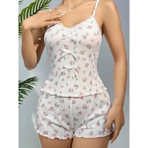Veraura Lifestyle Kadın Pamuklu Beyaz Üstüne Çiçek Desen Fitilli Askılı Şortlu Pijama Takımı