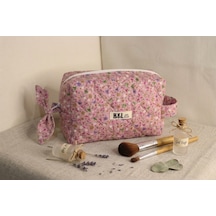 Pembe Çiçekli Kapitone Makyaj Çantası / Organizer - %100 Pamuk Kumaş Pembe - Mini Çiçekli