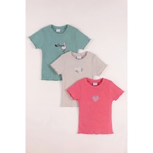 Monox 5-12 Yaş Kız Çocuk 3'lü Nakışlı Fitilli Tshirt Likralı Esnek Yazlık Body Set Taş Yeşil Nar