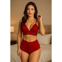 Ang Butik Kadın Kırmızı Yüksek Bel Şortlu Bralet Takım