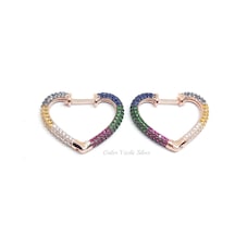 Renkli Taş Kalp Halka Gümüş Küpe Renkli Taş Kalp Halka Gümüş Küpe