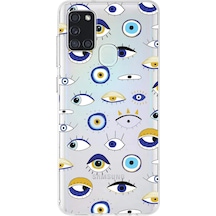 Samsung Galaxy A21s İle Uyumlu 1mm Slim Fit Nazar Boncuğu 2 Baskılı Şeffaf Kılıf Şeffaf
