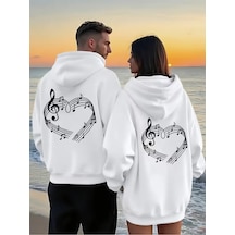 Nevermind Sevgili Çift Kombin Hoodie Notalı Kalp Baskılı Oversize Kapüşonlu Beyaz