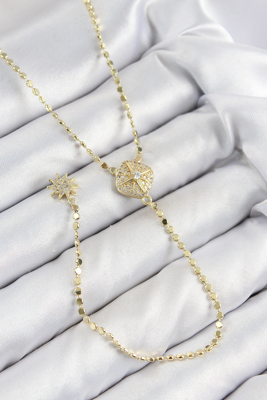 Tua Moda Pirinç Zirkon Taşlı Ezme Zincirli Madalyon Model Gold Renk Y Kolye Çok Renkli