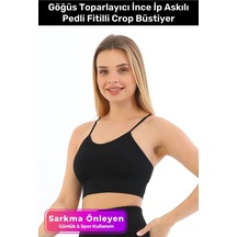 Carlburn Özel Üretim Göğüs Toparlayıcı Sarkma Önleyen Spor Günlük İnce İp Askılı Pedli Fitilli Crop Büstiyer Siyah