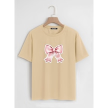 Unisex Oversize Bisiklet Yaka Powder Pink Ribbon Baskılı Basic T-shirt - Bej Bej