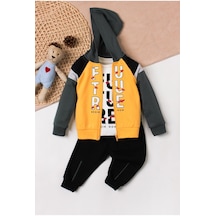 Future Baskılı Kapüşonlu Pamuk Bebek Takım 3 Lü Takım Hırka Sweatshirt Alt-hardal