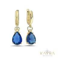 Mavi Topaz Damla Taşlı Altın Küpe Ahk19
