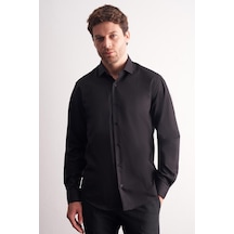 İmza Siyah Yarım İtalyan Yaka Uzun Kol Premium Slim Fit %100 Pamuk Gömlek 1004255196 Siyah