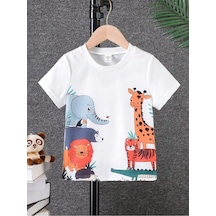 Hayvanlar Pamuklu Çocuk T-shirt- Beyaz Baskılı Kız Erkek Çocuk Yazlık Bisiklet Yaka Tişört Beyaz