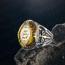 Takılingo 925 Ayar Gümüş Kehribar Taş Üzeri Mührü Şerif Yazılı Erkek Yüzük Gümüş