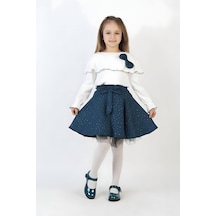 Kız Çocuk 2'li Elbise Taş Süslemeli Etek+şal Yakalı Ve Fiyonklu Bluz 4-9 Yaş 12505 İndigo