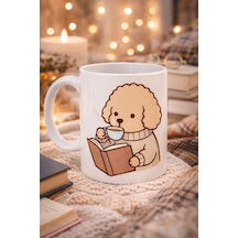 Kitap Okuyan Sevimli Köpek Tasarımlı Porselen Kupa Model 190 Kahve Temalı Tatlı Köpek Kahve Kupası Köpek Severlere Hediye Kupa Diğer