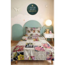 Çiçekli Patchwork Bej Tek Kişilik Pike Takımı - Vintage Krem Pembe 160x220 Cm Mevsimlik Yatak Örtüsü Kırsal İpek Dengesi