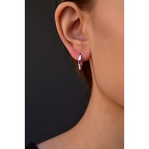 925 Ayar Gümüş Rodyum Kaplama Beyaz Mineli Pembe Taşlı Halka Küpe