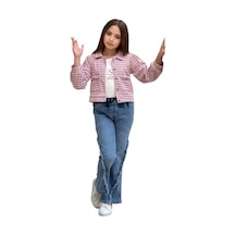 İrem Kız Çocuk Cest Yazılı Kazayağı Desenli Pantolonu Püskül Detaylı Ceket Tişört Kot Pantolon Üçlü Takım Çok Renkli