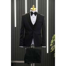 Slimfit Skinny Kesim Desenli Sivri Sabit Yaka Yelekli Papyonlu Smokin Takım Elbise 001