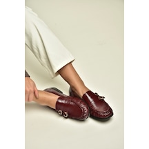 Fox Shoes Z820024208 Bordo Rugan Büzgü Detaylı Çift Tokalı Loafer Ayakkabı