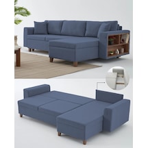 Rengar Köşe Takımı & Yataklı Bazalı Keten Kumaş Köşe Koltuk Takımı - Mavi V119 Mavi