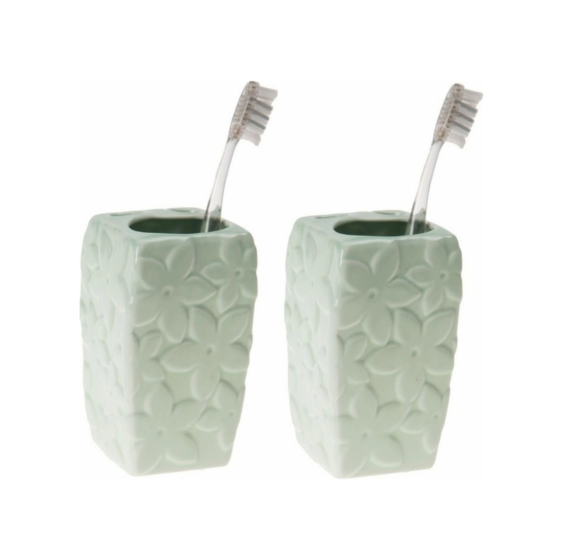 2 Adet Seramik Diş Fırçalık Çiçekli Su Yeşili 7x7x12cm Banyo Seti Çok Renkli