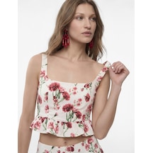 Koton Viskon Kumaş Slim Fit Kare Yaka Kalın Askılı Çiçekli Crop Bluz Pembe Desenli 6sak30099ew