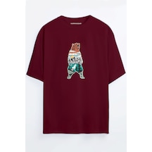 Orman Ayı Baskılı Unisex Siyah - Beyaz - Turuncu - Bej Oversize T-shirt Bordo