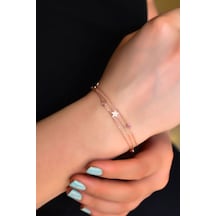 925 Ayar Gümüş Rose Kaplama Pembe Taşlı Yıldız Zincir Bileklik Pembe
