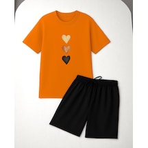 Uyguntarz Unisex 3 Kalp Baskılı Tasarım Şort Takım Turuncu