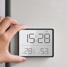Mıknatıslı Lcd Dijital Ekran 9x7 Cm Pilli Mini Saat Alarm Saat Nem Göstergesi Sıcaklık Ölçer Siyah