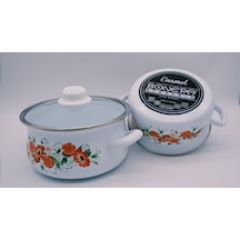 Emaye 22 Cm Güveç Çiçek Desenli Dekor Cam Kapak