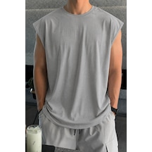 Cool Tarz Erkek Oversize Kolsuz Tişört %100 Pamuk Süprem Basic Bisiklet Yaka Gri Gri