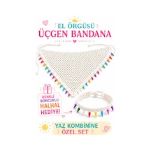 Kadın El Örgüsü Üçgen Bandana Halhal Ayak Bilekliği Hediyeli Bohem Yazlık Saç Bandanası Plaj Tatil Festival Aksesuarı Beyaz