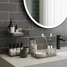 Banyo Düzenleyici Organizer Banyo Rafı Duman Gri, Tek + İki Katlı Set Açık Ahşap