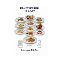 12 Adet Melamin Tatlı Servis Tabağı Makinede Yıkanabilir Dayanıklı Sunum Tabağı Mimoza 25 Cm Beyaz