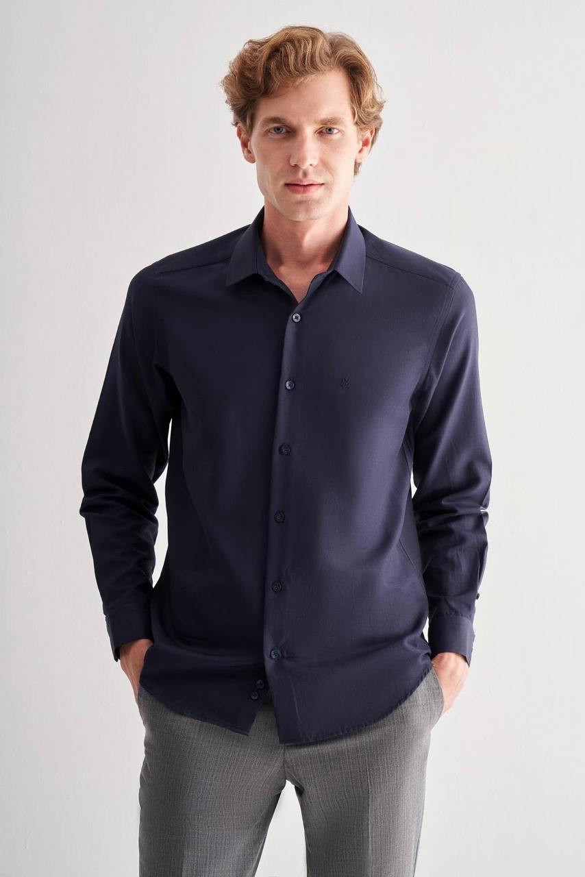 İmza Lacivert Sert Yaka Uzun Kol Slim Fit Pamuklu Gömlek 1004255175 Lacivert