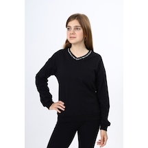 Toontoy Kız Çocuk Regular Fit V Yaka Düşük Omuz Baskılı Sweatshirt - 2 İplik Siyah