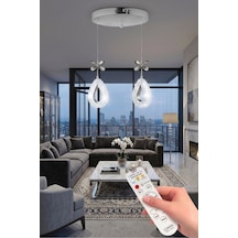 LumiaLighting Damla Model 2'li Gümüş Kumandalı 3 Renk Modu Ledli Kristal Taşlı Modern Salon Mutfak Oturma Odası Led Avize Metalik
