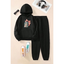 Fyk Kids Kedi Baskılı Kız Çocuk Eşofman Takımı Siyah