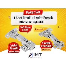 İmt Aksesuar 1 Adet Frenli 1 Adet Frensiz Düz Menteşe Seti - Mobilya Dolap Mutfak Ve Gardırop Kapak Menteşesi Metalik