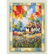 Renkli Bloklar Kenar Detaylı Çiçekli Kır Evi Temalı Dekoratif Ahşap Tablo 37x52 Cm