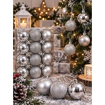 12'li Set 4 Cm Gümüş Yılbaşı Ağacı Süsü Mat, Simli Ve Parlak Karışık Çam Ağacı Topu Noel Süsü Diğer